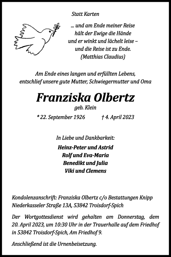 Anzeige von Franziska Olbertz von Kölner Stadt-Anzeiger / Kölnische Rundschau / Express