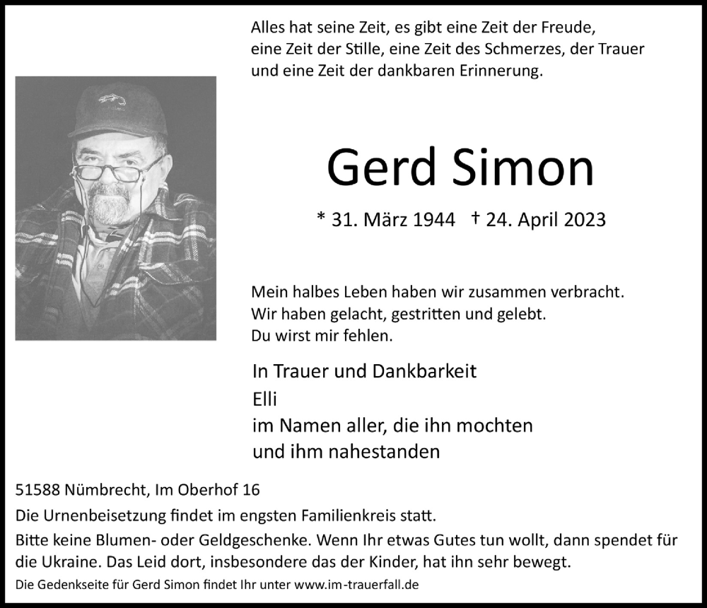 Traueranzeigen Von Gerd Simon WirTrauern