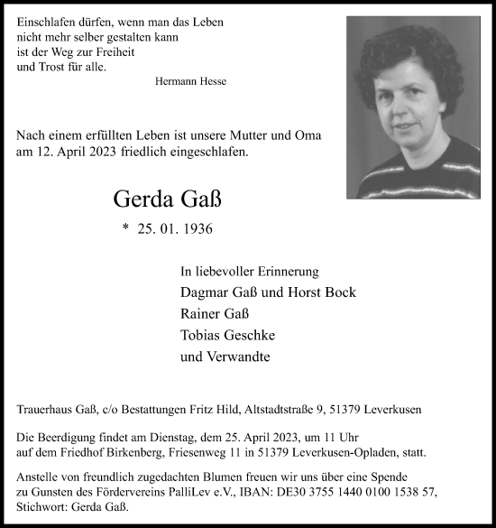 Traueranzeigen von Gerda Gaß WirTrauern