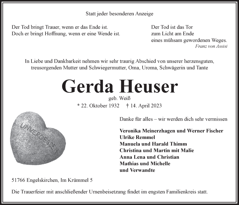 Traueranzeigen Von Gerda Heuser WirTrauern