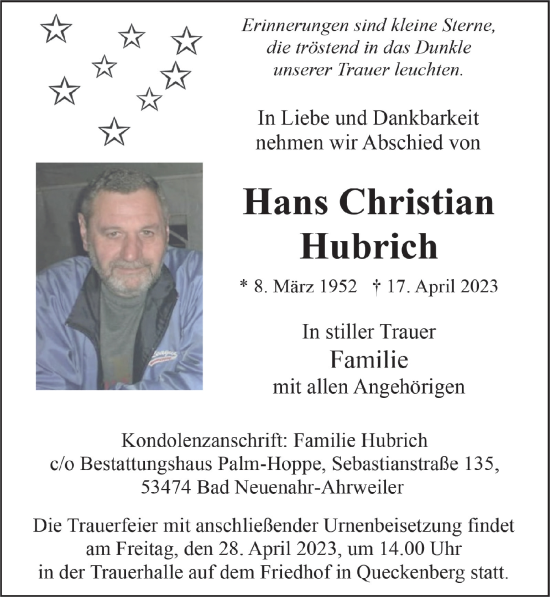 Traueranzeigen Von Hans Christian Hubrich Wirtrauern