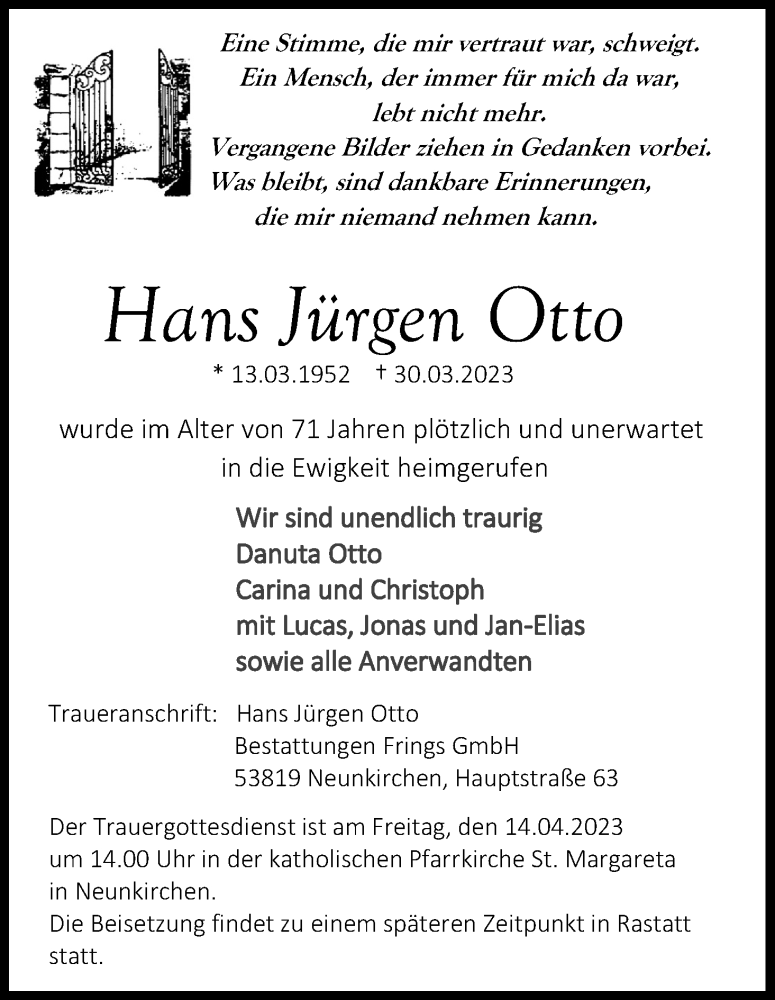 Traueranzeigen Von Hans J Rgen Otto Wirtrauern