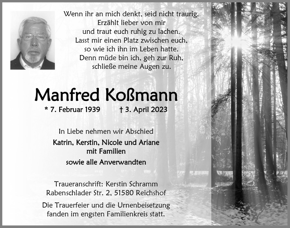 Traueranzeigen von Manfred Koßmann WirTrauern