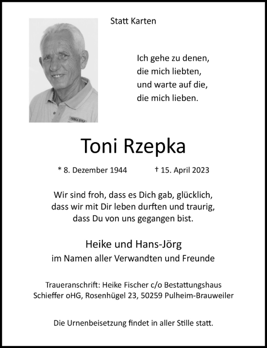 Traueranzeigen Von Toni Rzepka Wirtrauern