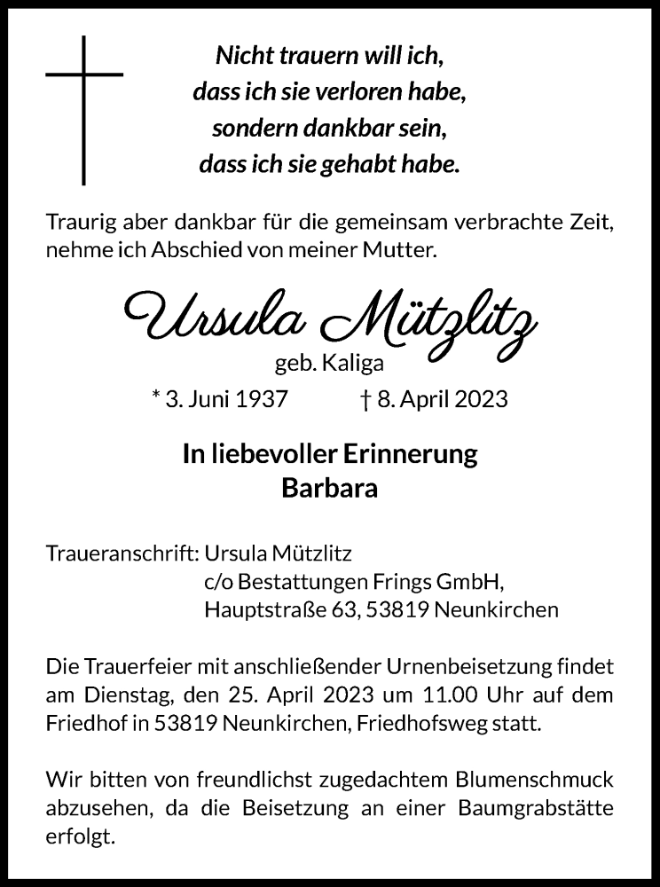 Traueranzeigen von Ursula Mützlitz WirTrauern