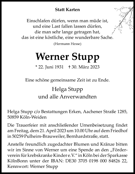 Anzeige von Werner Stupp von Kölner Stadt-Anzeiger / Kölnische Rundschau / Express