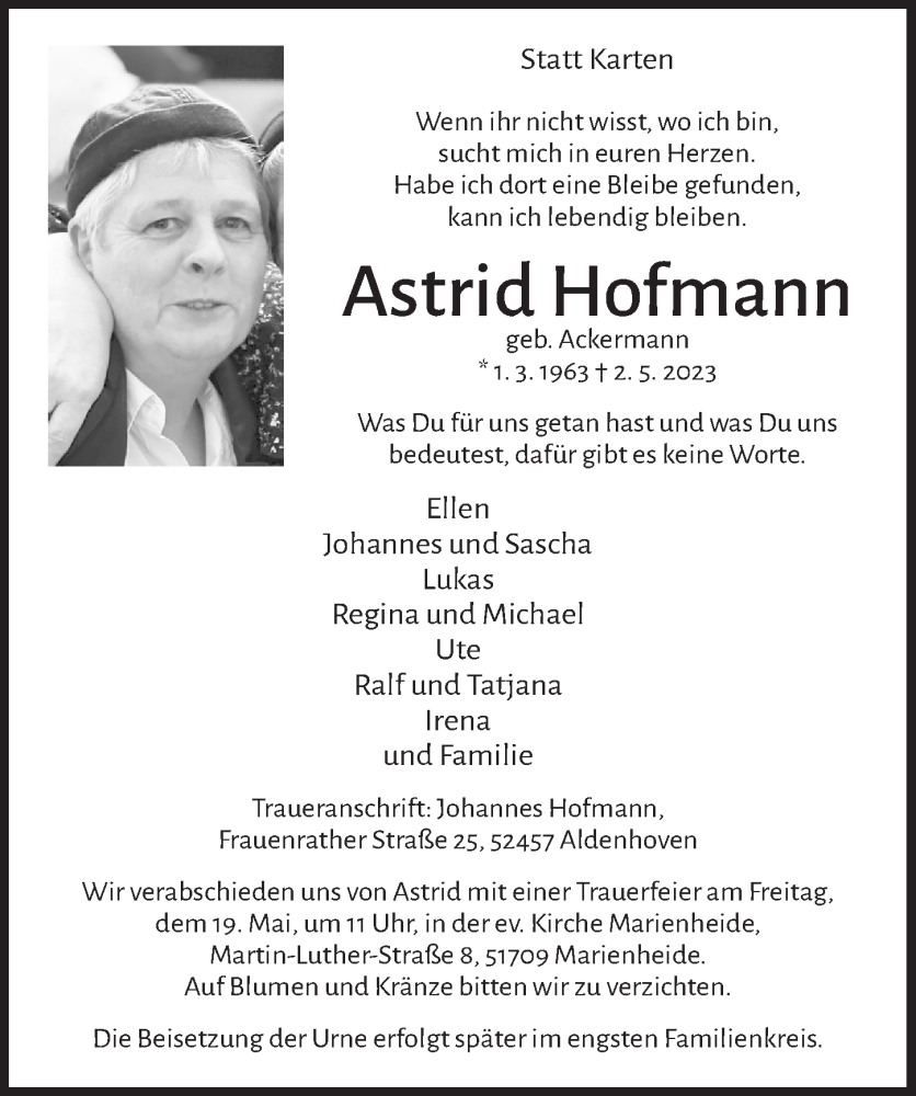 Traueranzeigen Von Astrid Hofmann Wirtrauern