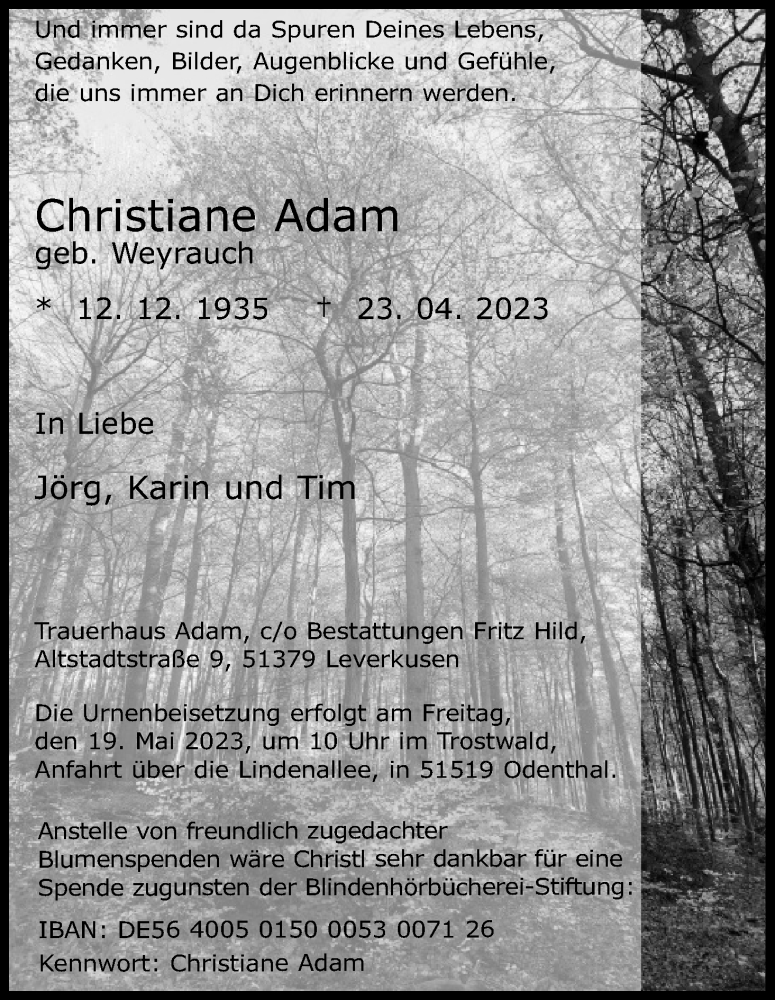 Traueranzeigen Von Christiane Adam Wirtrauern