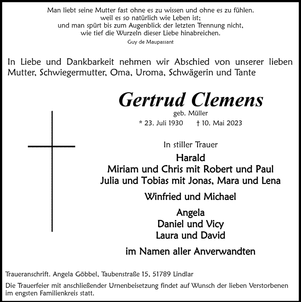 Traueranzeigen Von Gertrud Clemens Wirtrauern