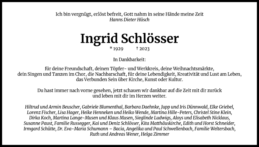 Traueranzeigen von Ingrid Schlösser WirTrauern