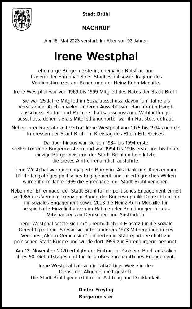 Traueranzeigen Von Irene Westphal WirTrauern