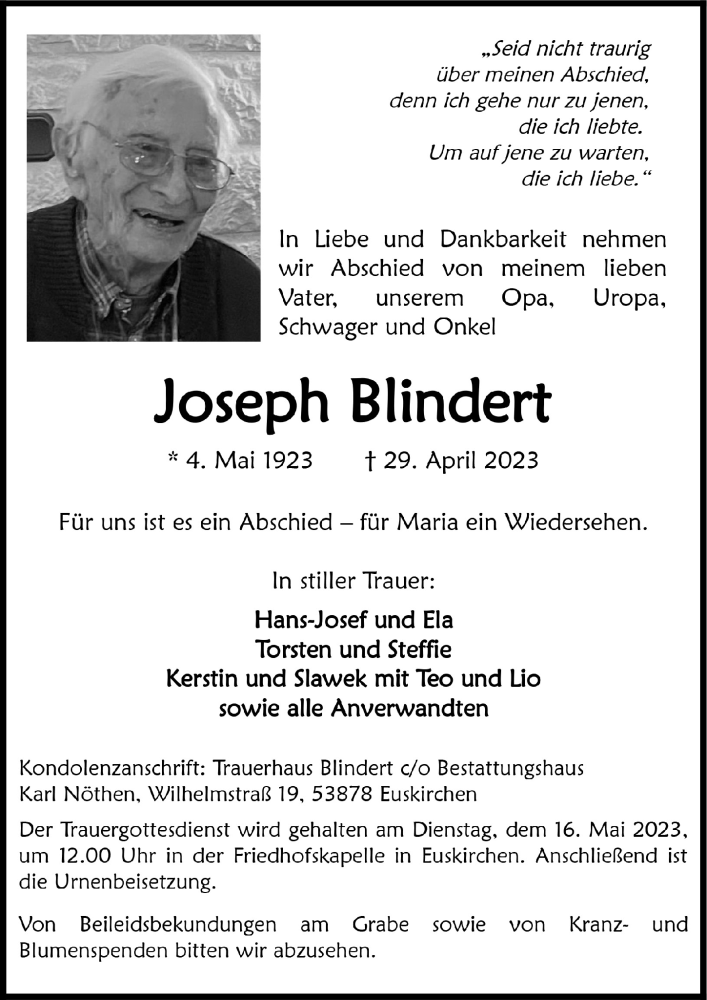 Traueranzeigen Von Joseph Blindert WirTrauern