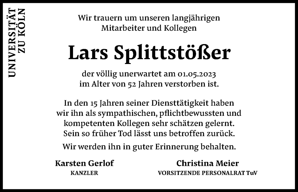 Traueranzeigen Von Lars Splittst Er Wirtrauern