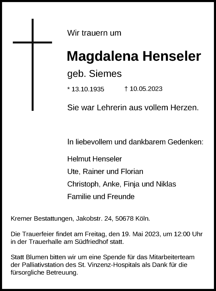 Traueranzeigen Von Magdalena Henseler Wirtrauern