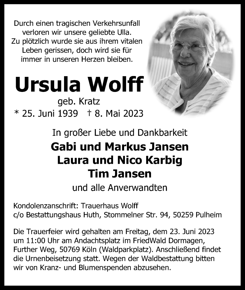 Traueranzeigen Von Ursula Wolff WirTrauern