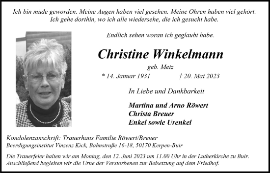 Traueranzeigen Von Christine Winkelmann Wirtrauern