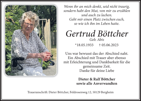 Traueranzeigen von Gertrud Böttcher WirTrauern