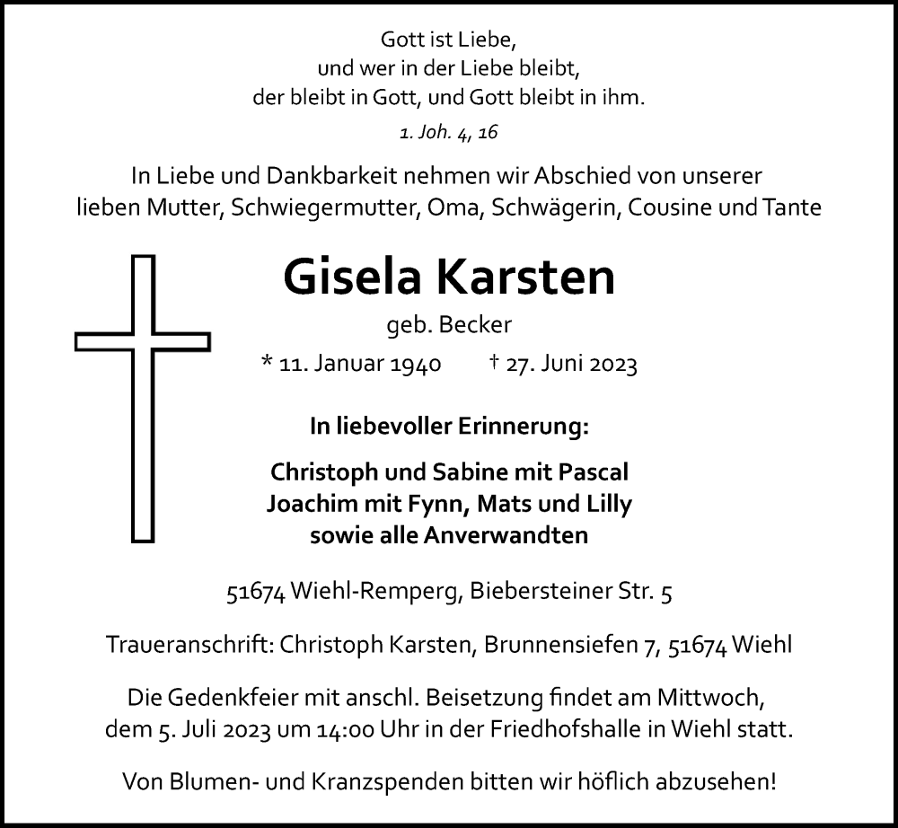 Traueranzeigen Von Gisela Karsten WirTrauern