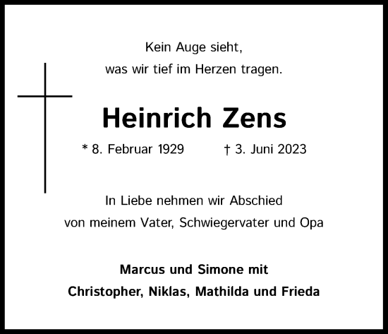 Traueranzeigen Von Heinrich Zens WirTrauern