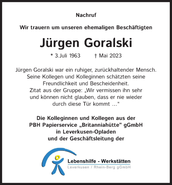 Anzeige von Jürgen Goralski von Kölner Stadt-Anzeiger / Kölnische Rundschau / Express