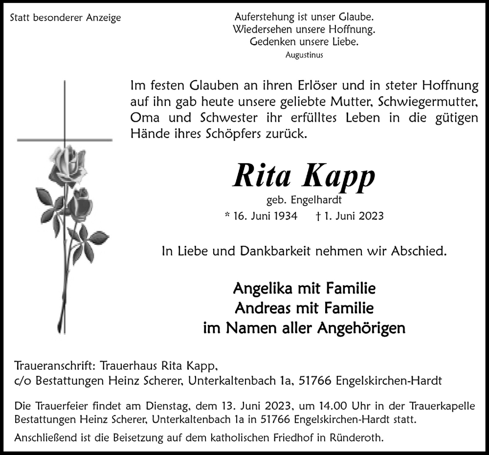 Traueranzeigen Von Rita Kapp WirTrauern