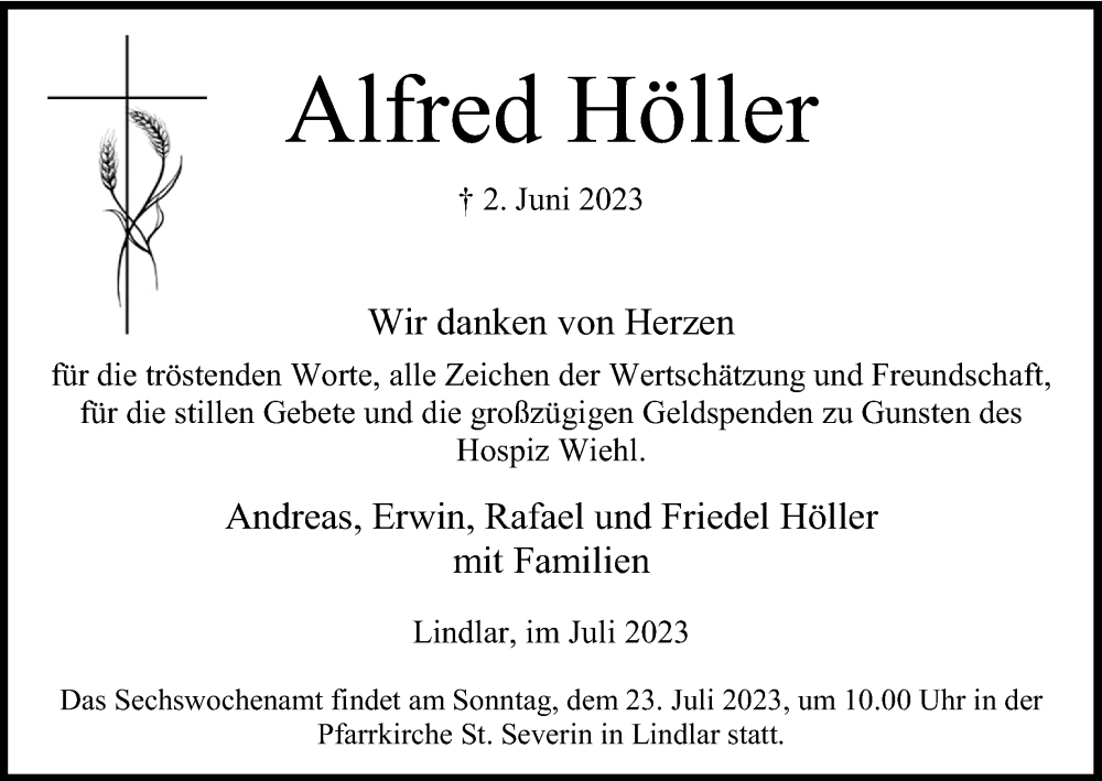 Traueranzeigen von Alfred Höller WirTrauern