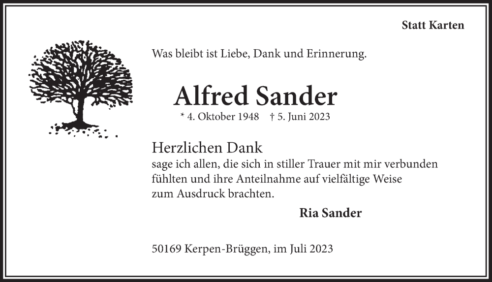 Traueranzeigen Von Alfred Sander WirTrauern