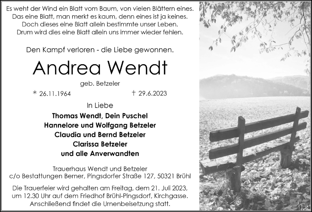 Traueranzeigen Von Andrea Wendt Wirtrauern