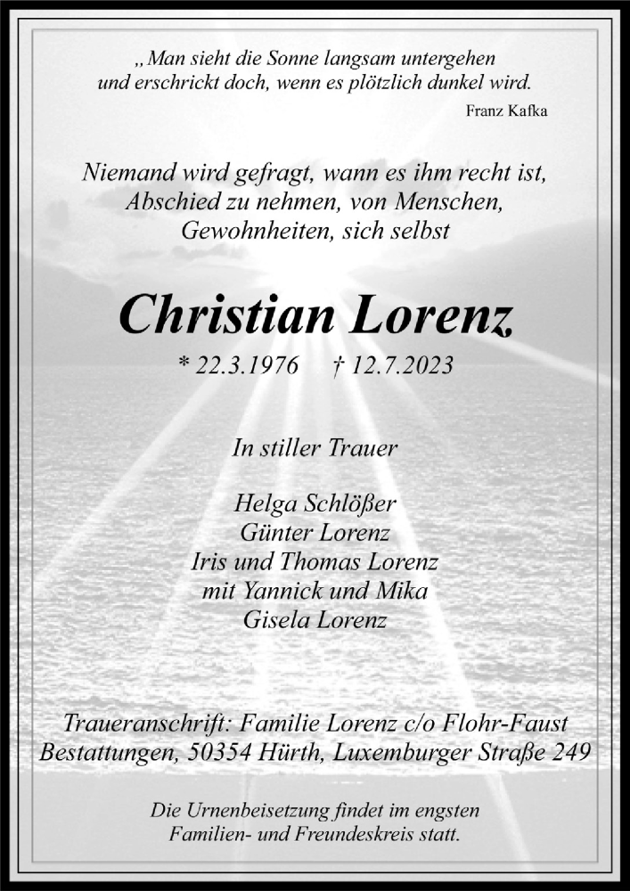 Traueranzeigen Von Christian Lorenz Wirtrauern