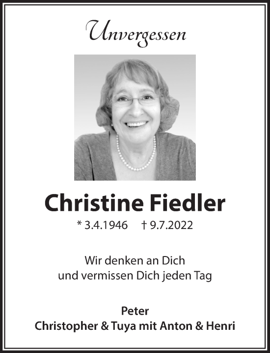 Traueranzeigen Von Christine Fiedler WirTrauern