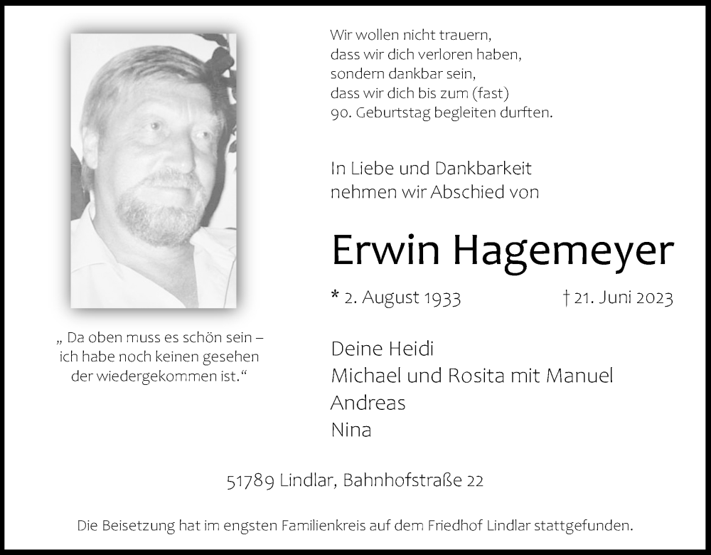 Traueranzeigen Von Erwin Hagemeyer WirTrauern