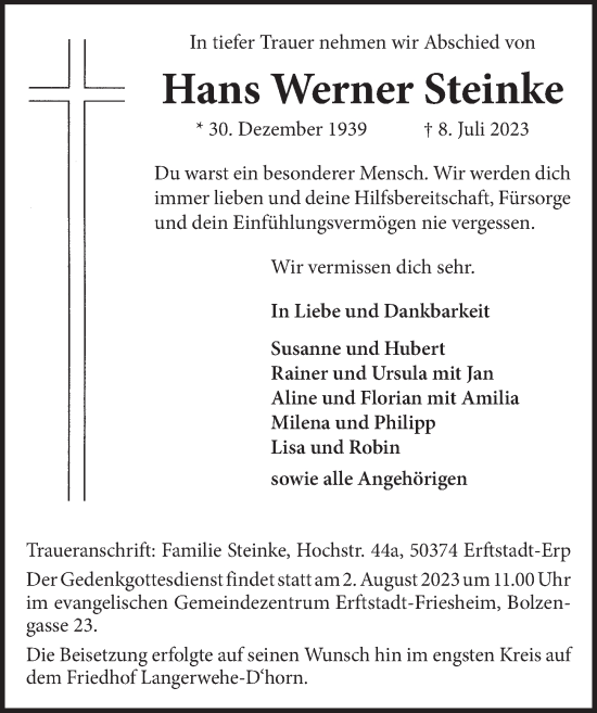 Traueranzeigen Von Hans Werner Steinke Wirtrauern