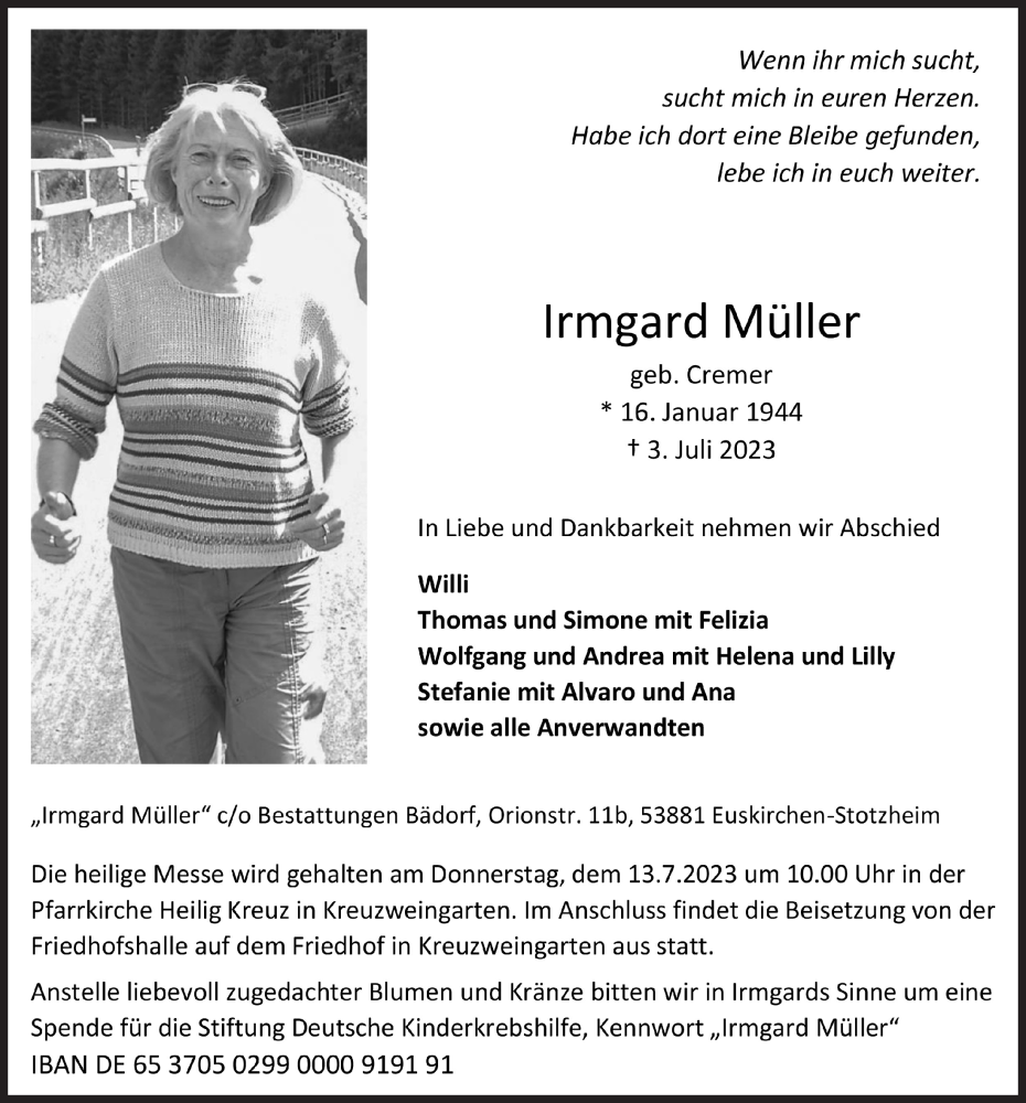 Traueranzeigen Von Irmgard M Ller Wirtrauern