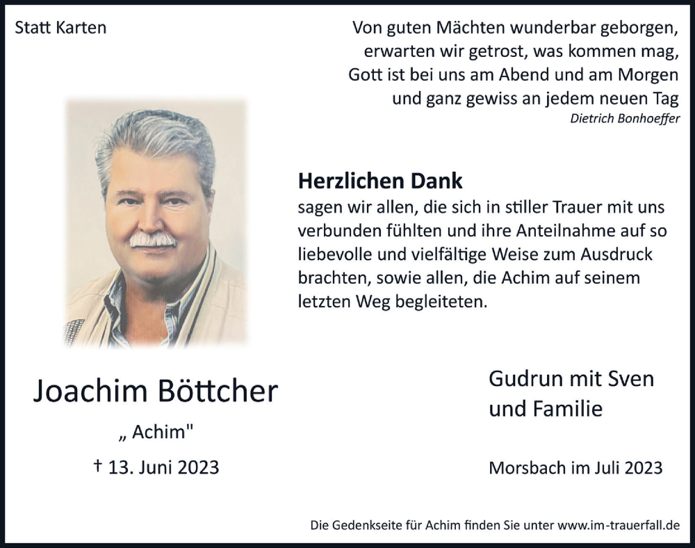 Traueranzeigen Von Joachim B Ttcher Wirtrauern