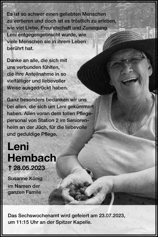 Traueranzeigen Von Leni Hembach WirTrauern