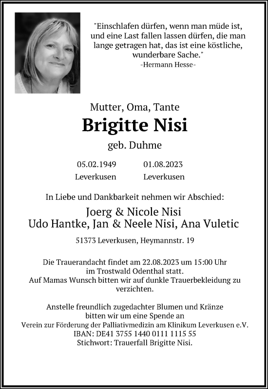 Traueranzeigen Von Brigitte Nisi Wirtrauern