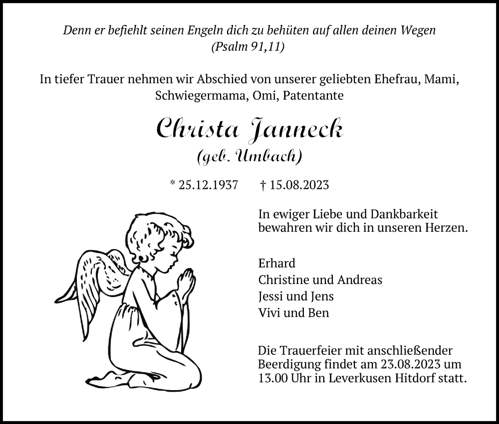 Traueranzeigen Von Christa Janneck WirTrauern