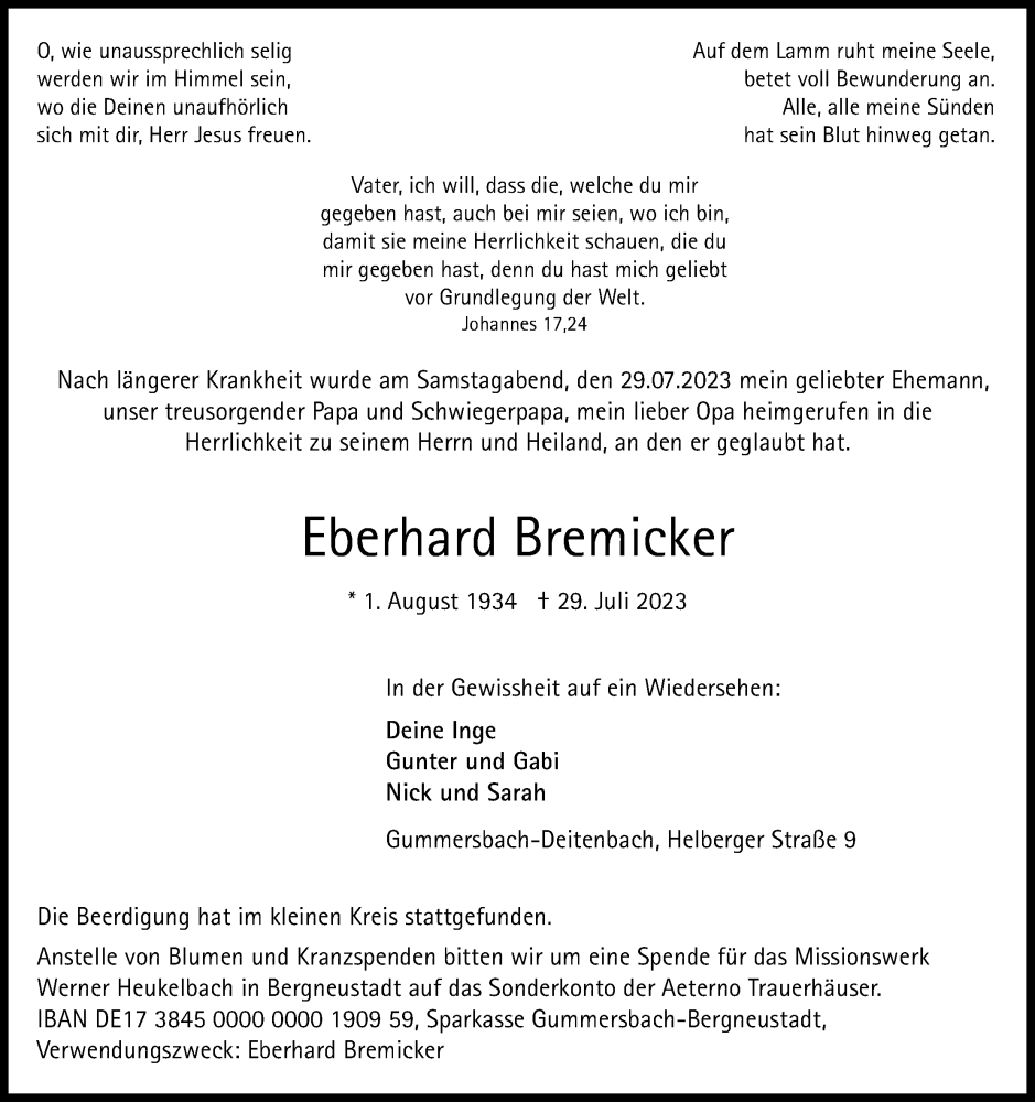 Traueranzeigen Von Eberhard Bremicker WirTrauern