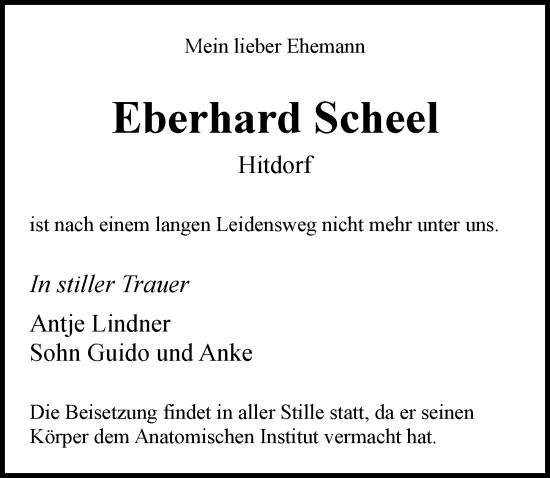 Traueranzeigen Von Eberhard Scheel Wirtrauern