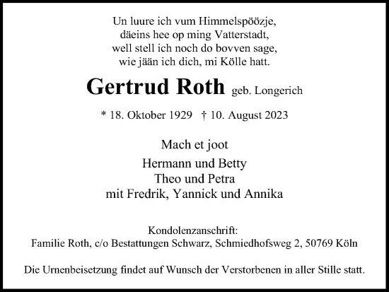 Traueranzeigen Von Gertrud Roth Wirtrauern