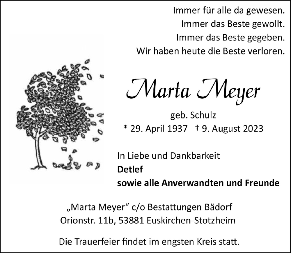 Traueranzeigen Von Marta Meyer Wirtrauern