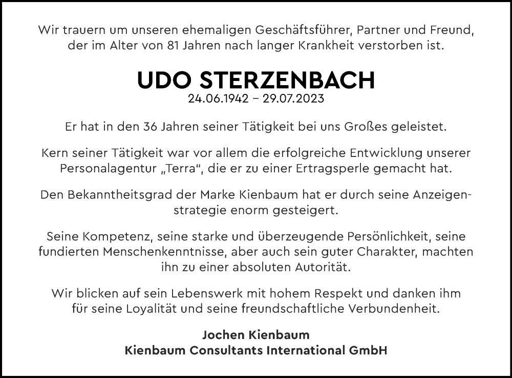 Traueranzeigen Von Udo Sterzenbach Wirtrauern