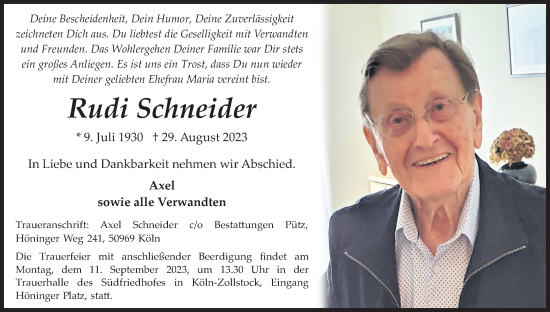 Anzeige von Rudi Schneider von Kölner Stadt-Anzeiger / Kölnische Rundschau / Express