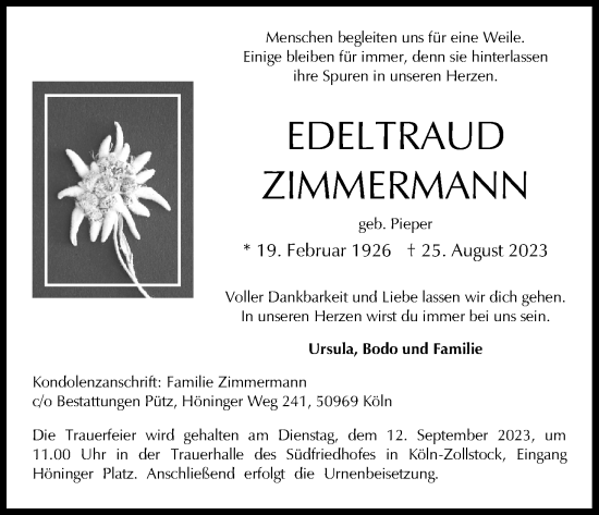Anzeige von Edeltraud Zimmermann von Kölner Stadt-Anzeiger / Kölnische Rundschau / Express