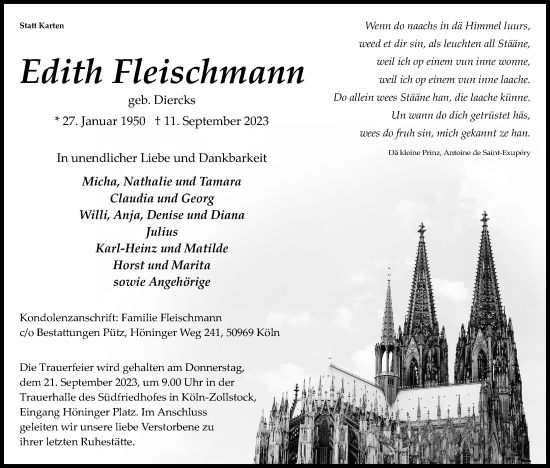 Anzeige von Edith Fleischmann von Kölner Stadt-Anzeiger / Kölnische Rundschau / Express