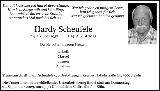 Anzeige von Hardy Scheufele von Kölner Stadt-Anzeiger / Kölnische Rundschau / Express