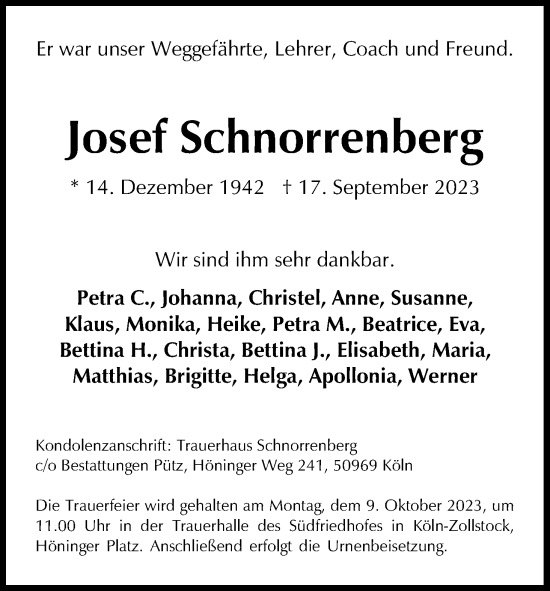 Anzeige von Josef Schnorrenberg von Kölner Stadt-Anzeiger / Kölnische Rundschau / Express