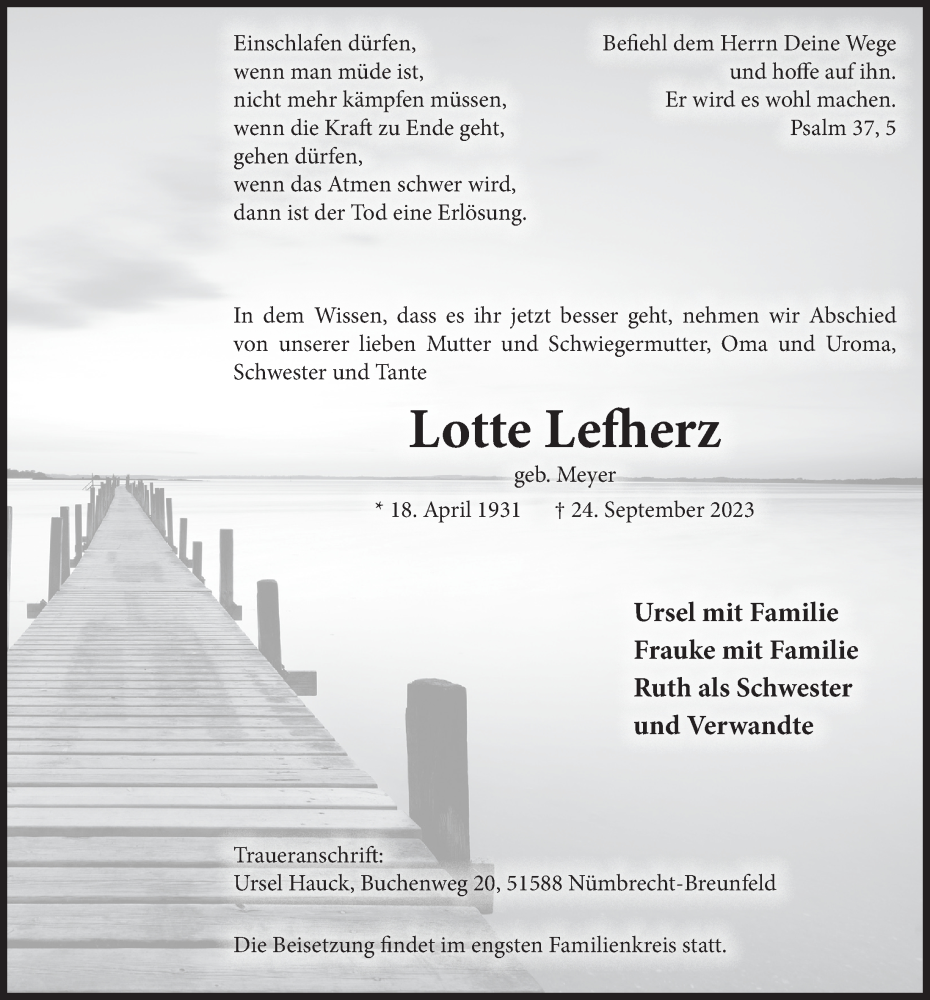 Traueranzeigen Von Lotte Lefherz WirTrauern