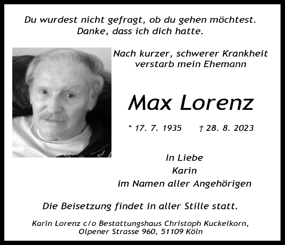 Traueranzeigen Von Max Lorenz Wirtrauern