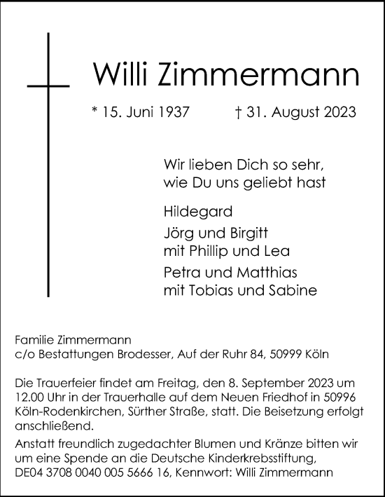 Anzeige von Willi Zimmermann von Kölner Stadt-Anzeiger / Kölnische Rundschau / Express